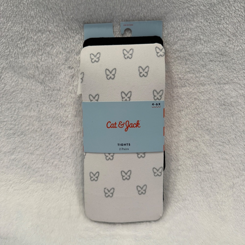 Cat & Jack Girls 2 Pack Tights White Silver Glitter Butterfly Black Size 4-6x